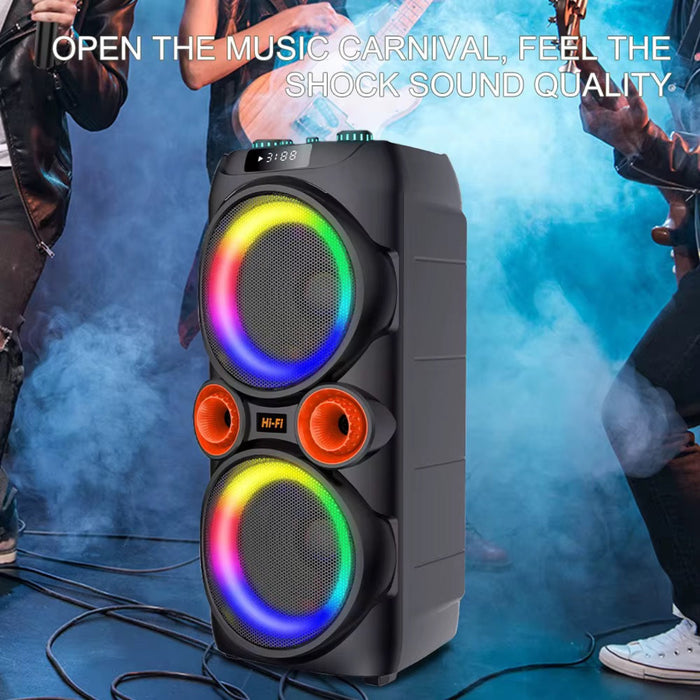 Sing-e ZQS10218 Portable Bluetooth Party Speaker – Dual 10” Woofers, RGB Lights, 2 Wireless Mics, Remote