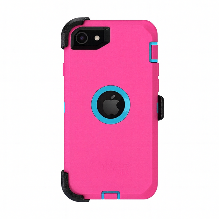 Pink phone case with black and blue accents on a white background