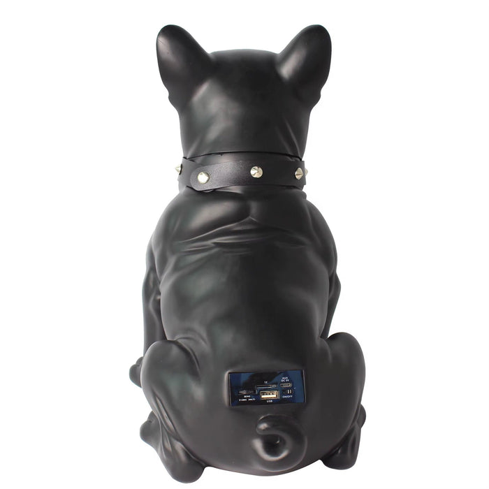 Black dog-shaped product with a leather collar on a white background