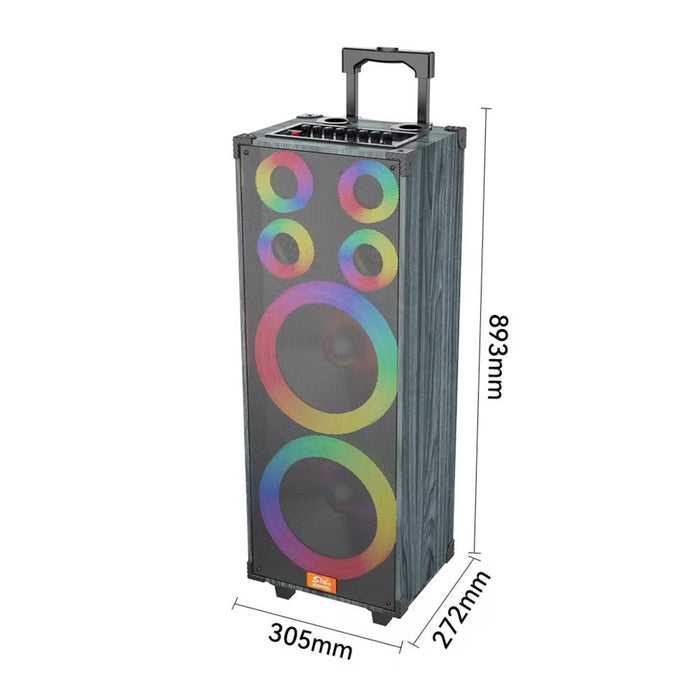 Portable speaker with rainbow circular design on a white background