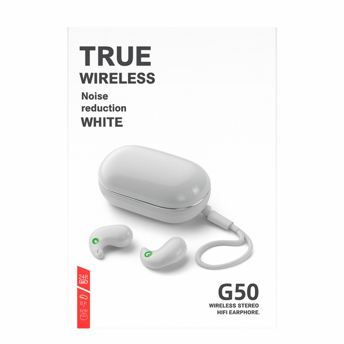 White wireless earbuds with charging case on a white background