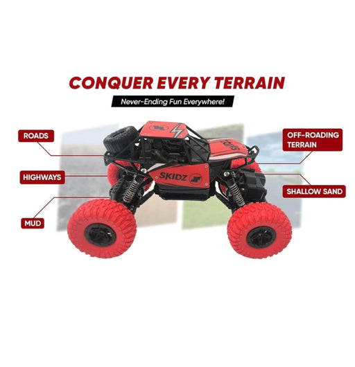 Red and black toy monster truck with features labeled on a white background