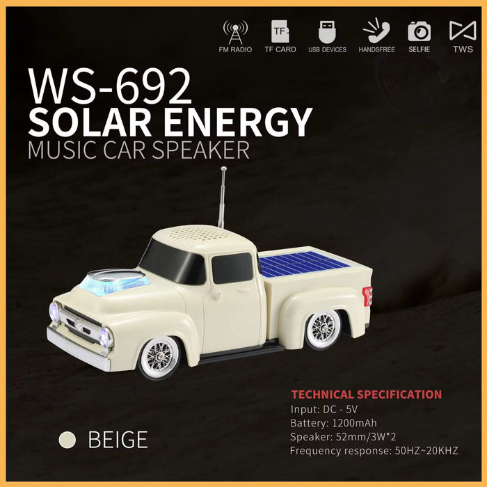 Beige toy truck with solar energy music car speaker on a black background