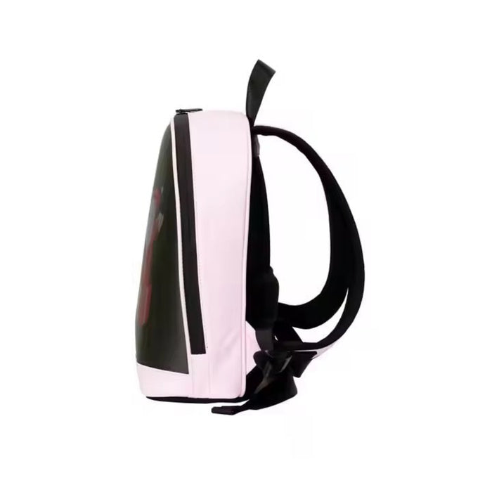 Backpack with pink and black design on a white background