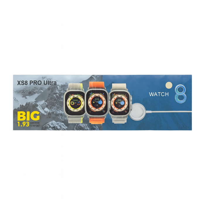 Smartwatch packaging with three watches displayed on a mountainous background