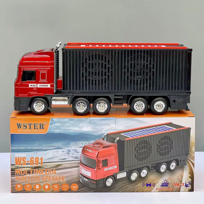 Red and black toy truck on top of its packaging box with 'WSTER' branding.