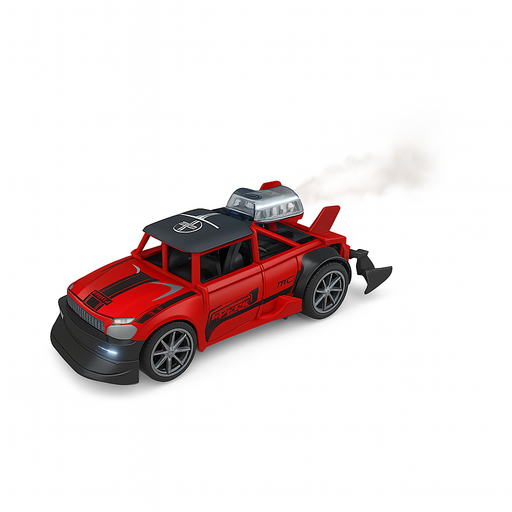 Red toy truck with black roof and additional features on a white background
