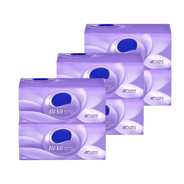 Three boxes of 4D sanitary pads with a purple design on a white background