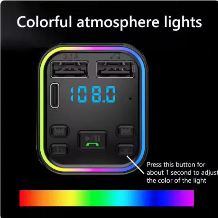 Multifunction Wireless Car FM Transmitter with Bluetooth 5.0 & Dual USB Charging – 7 Color LED