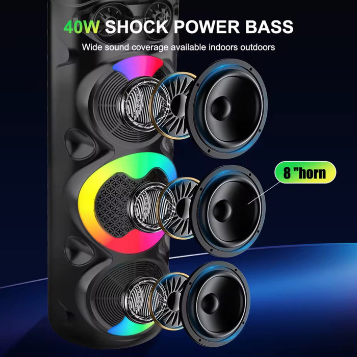 Speaker with RGB lighting and technical details on a blue gradient background