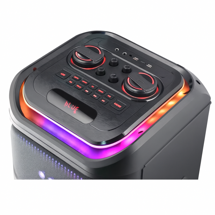 Black electronic device with colorful LED lights on a white background