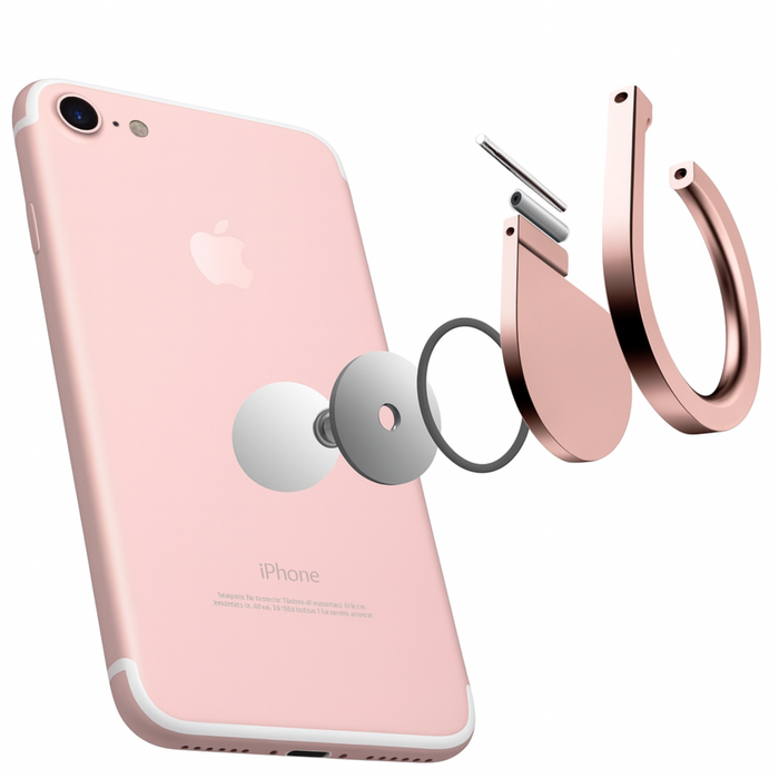 Rose gold phone with a ring holder on a white background