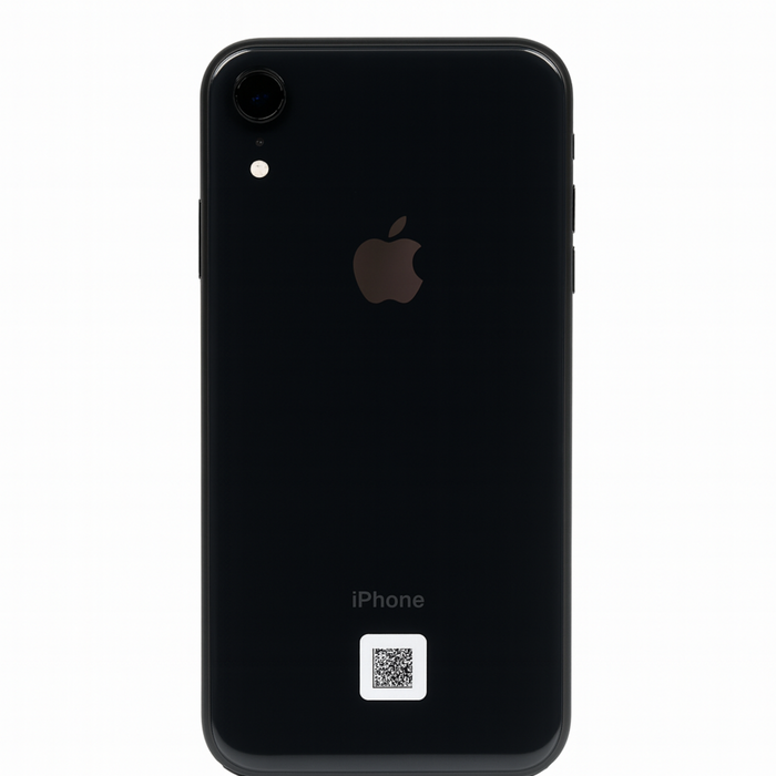 Black iPhone XR back view on a white background