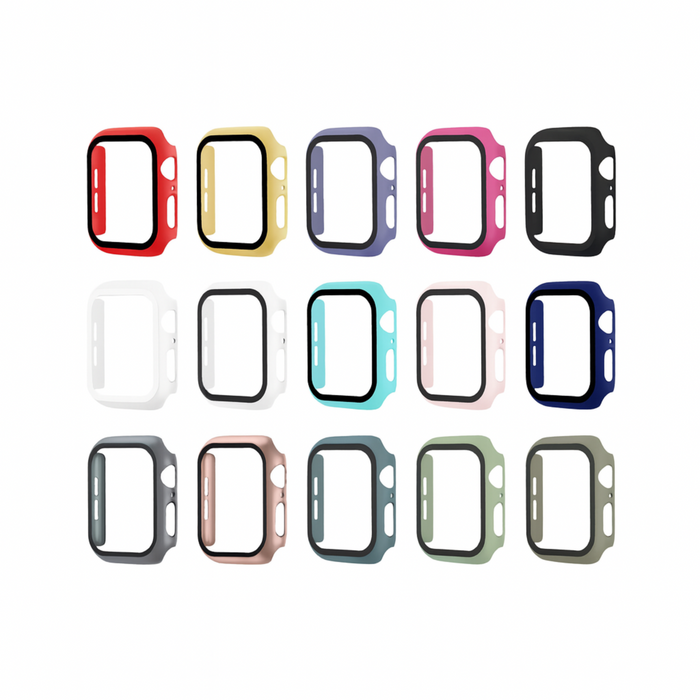 Various colorful watch case frames on a white background