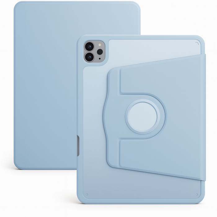 Light blue phone case with a card holder and rotation feature on a white background