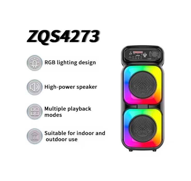 Portable speaker with RGB lighting design on a white background, featuring text describing its features.