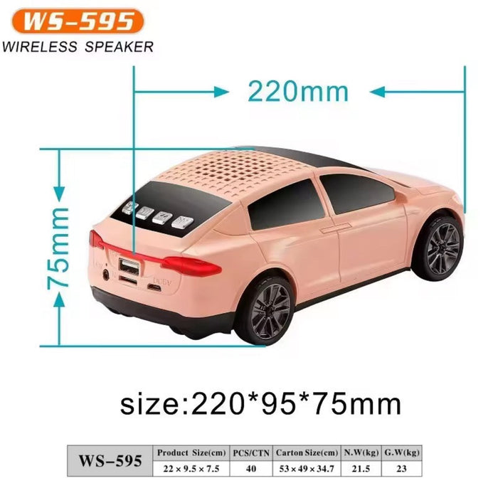 Wireless speaker shaped like a car with dimensions labeled