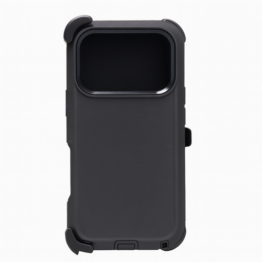 Black phone case with a rugged design on a white background