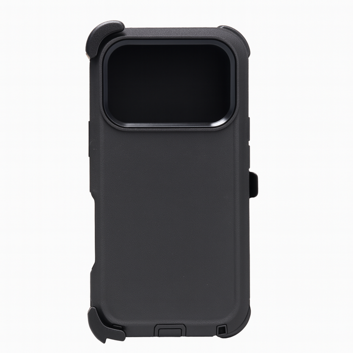 Black phone case with a rugged design on a white background