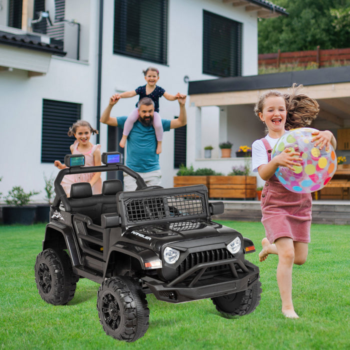 Family with a black toy SUV in a backyard setting