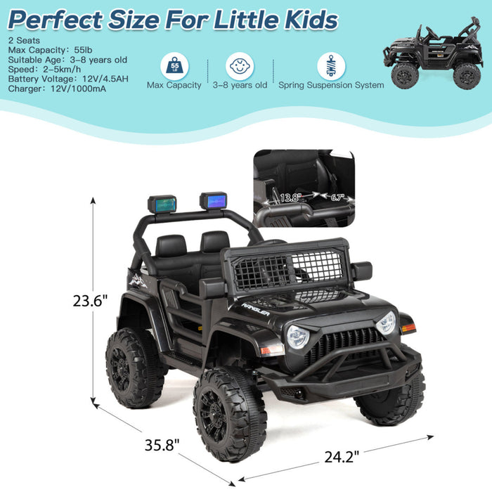 Black toy SUV with specifications and features on a white background