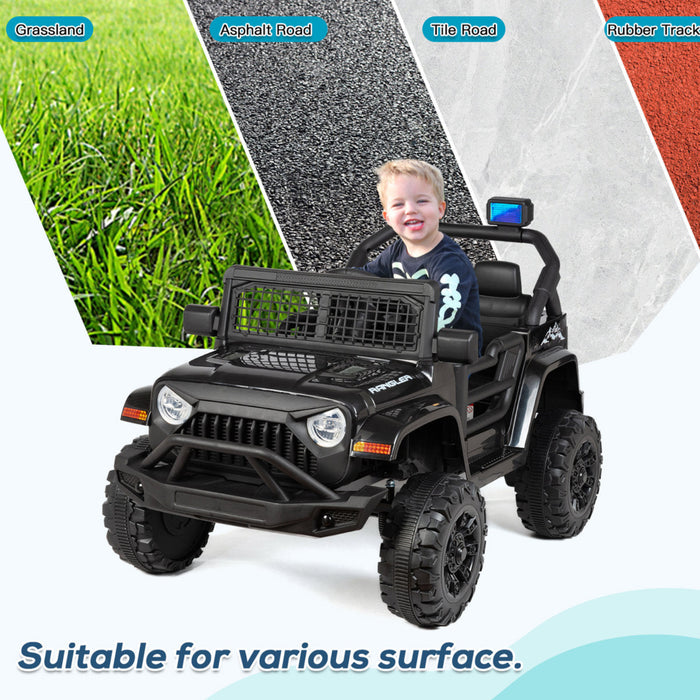 Child in a toy SUV with surface types displayed around it