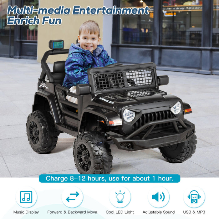 Child sitting in a black toy jeep with text about multi-media entertainment and product features.