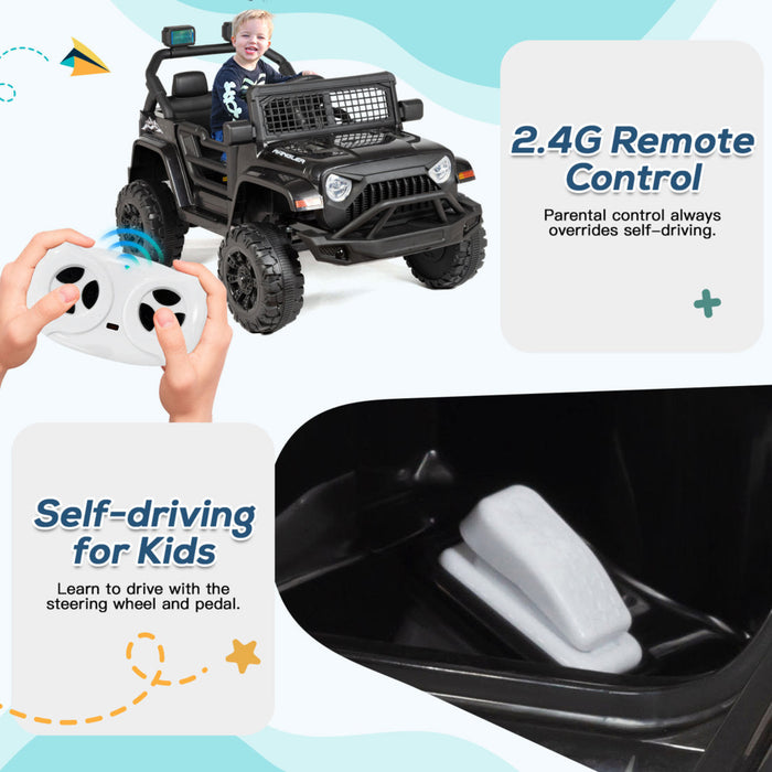 Toy car with remote control and child inside, featuring text about 2.4G remote control and self-driving for kids.