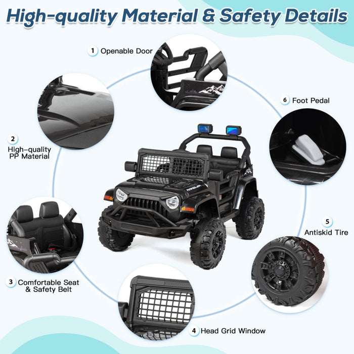 Black toy SUV with high-quality material and safety details highlighted on a white background.