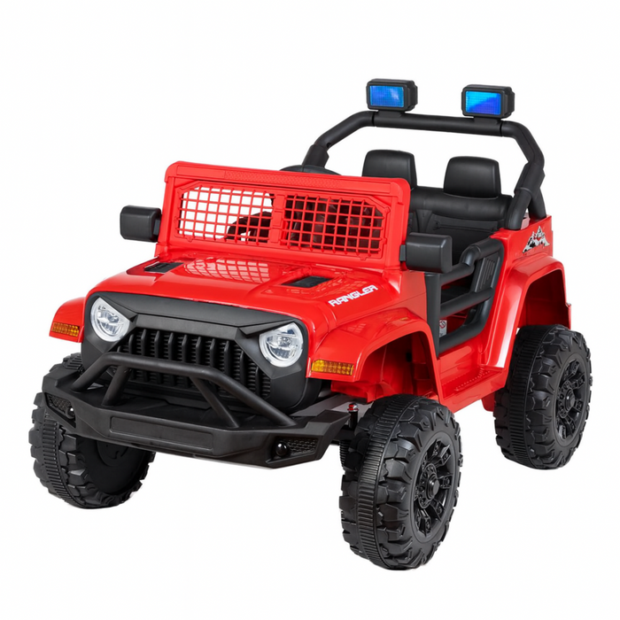 Red toy jeep with black details on a white background