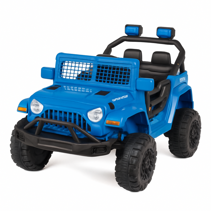 Blue toy jeep with black accents on a white background