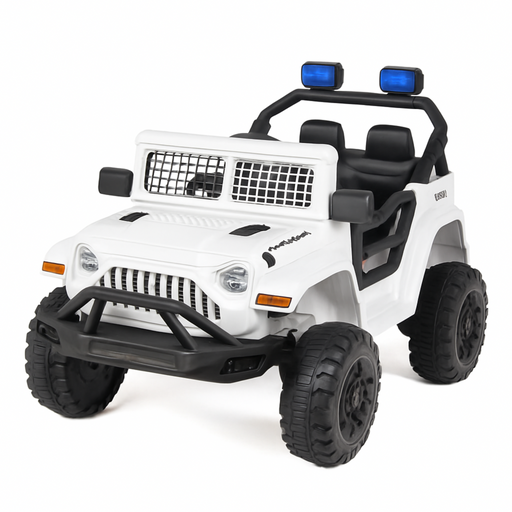 White toy jeep with black accents and blue lights on a white background