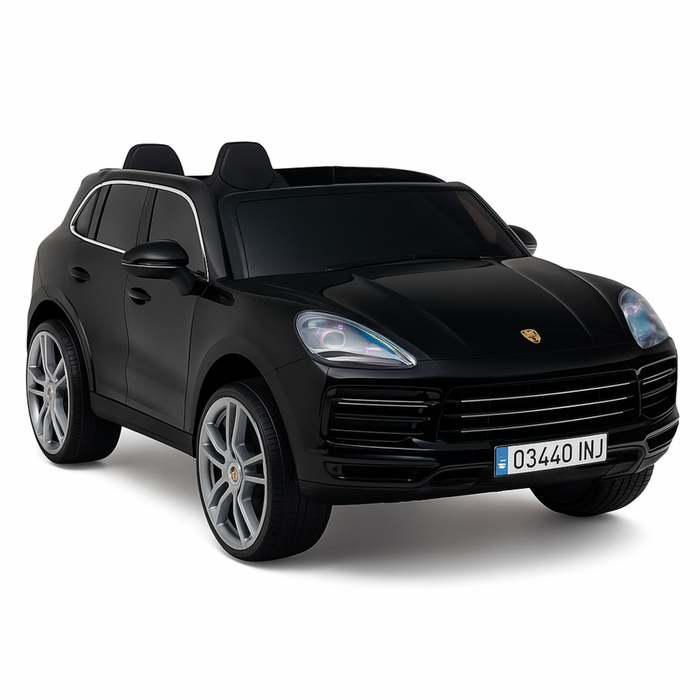 Black toy SUV with license plate on a white background