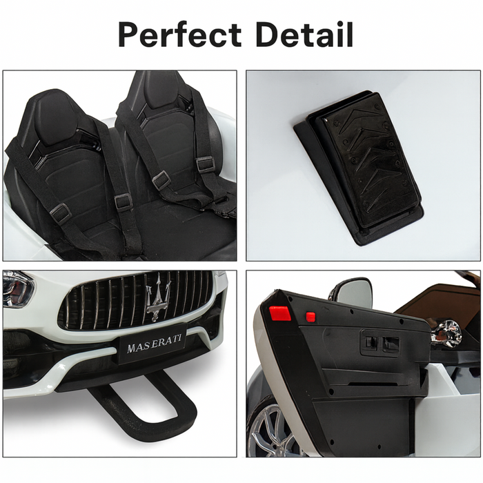 Collage of car parts with 'Perfect Detail' text, including a black car seat, black box, Maserati grille, and car interior.