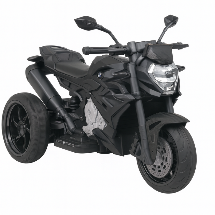 Black toy motorcycle with BMW logo on a white background