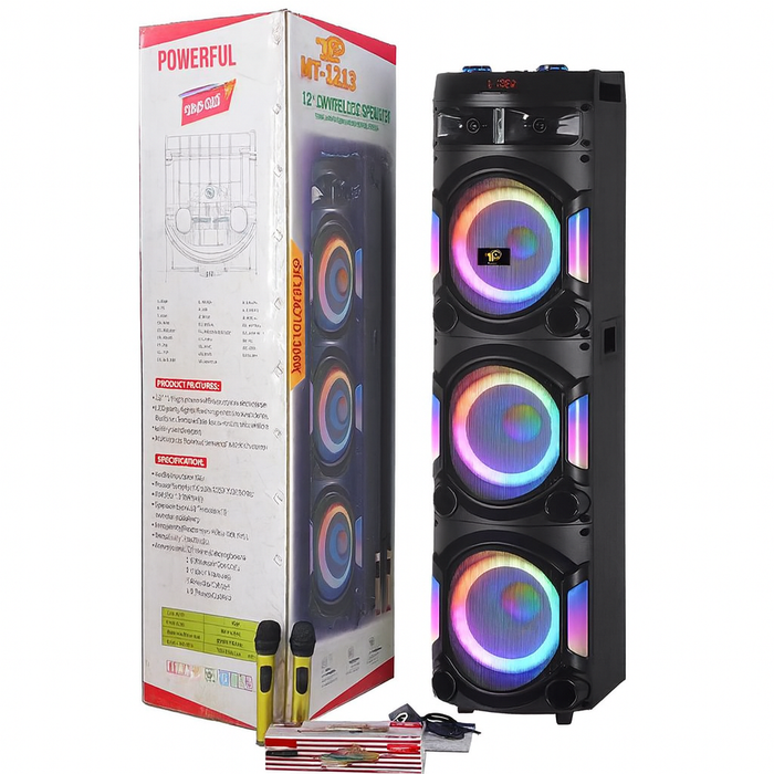 MT-1213 12” 3-Way Wireless Party Speaker with Dual Microphones & LED Lights