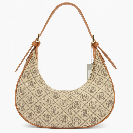 Beige handbag with brown leather handle and trim on a white background