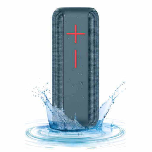 Blue portable speaker with water splash effect on a white background