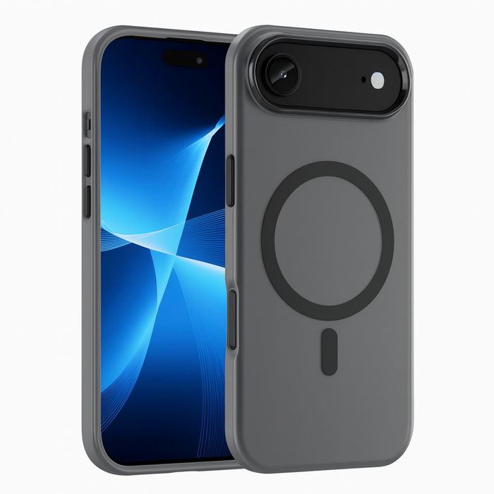 Gray phone case with magnetic charging pad on a white background