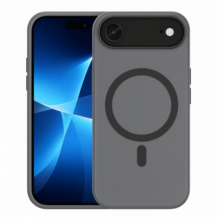 Gray phone case with magnetic charging pad on a white background