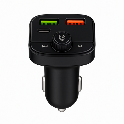 Black car charger with Bluetooth control panel on a white background