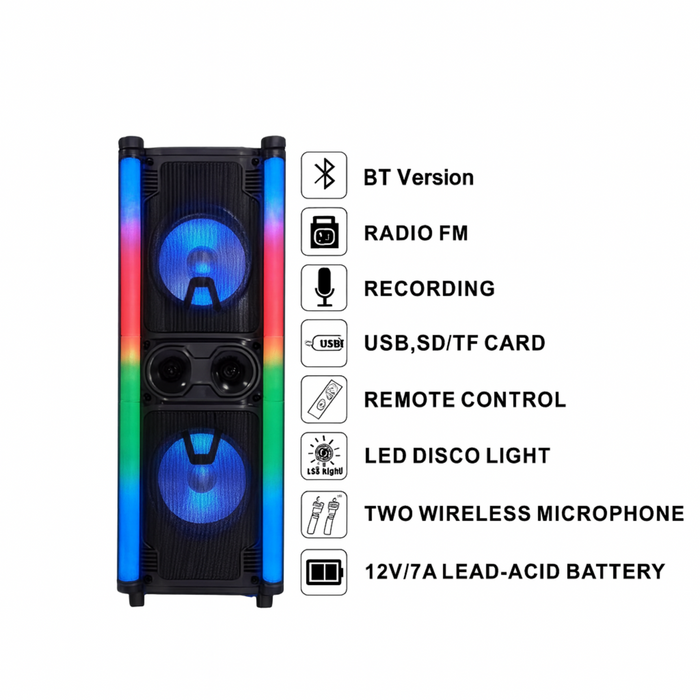 Portable speaker with RGB lighting and feature icons on a white background