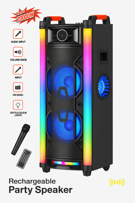 Rechargeable party speaker with RGB lighting and remote control on a white background