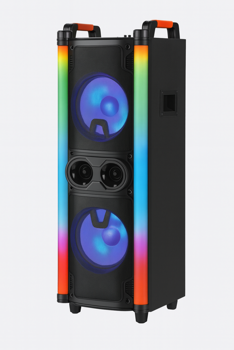 Black portable speaker with colorful LED lights on a white background