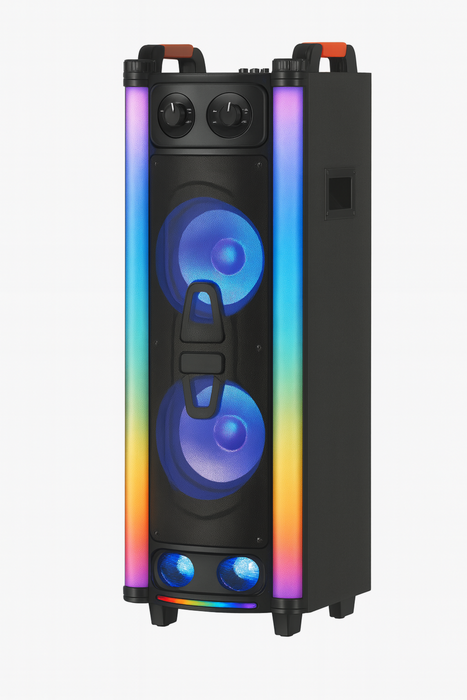 Portable speaker with colorful LED lights on a white background