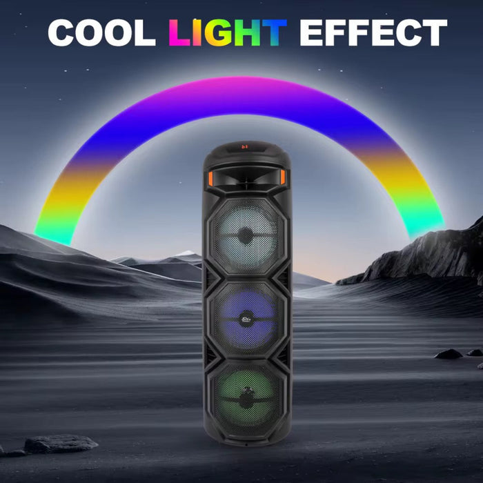 Black speaker with colorful light effects against a desert landscape with rainbow arch