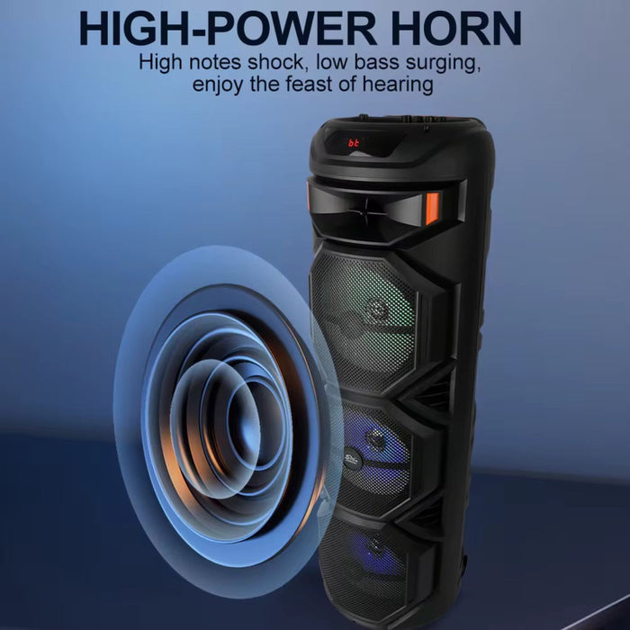 High-power horn speaker with text on a blue background