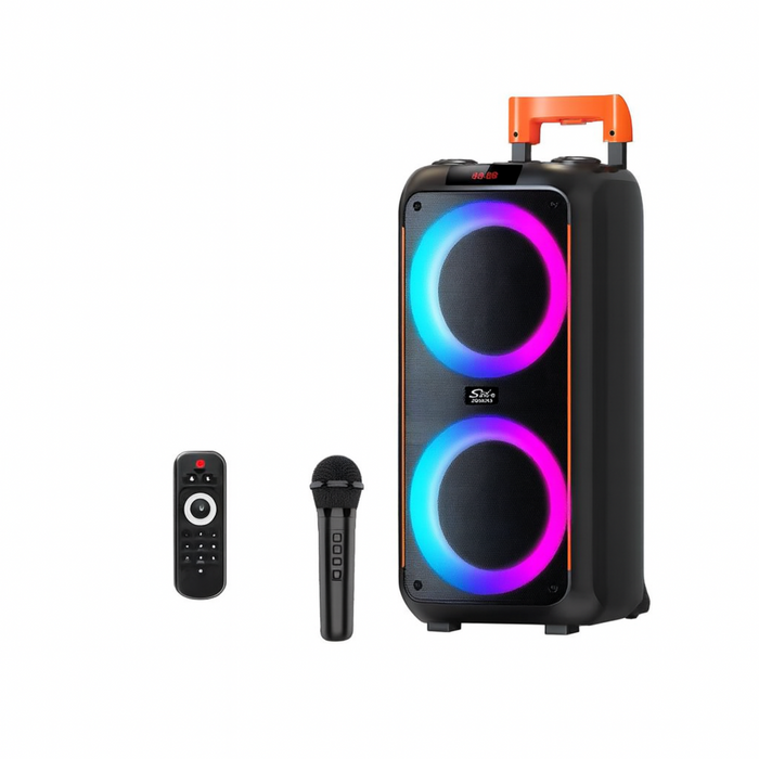 Portable speaker with RGB lighting, remote control, and microphone on a white background