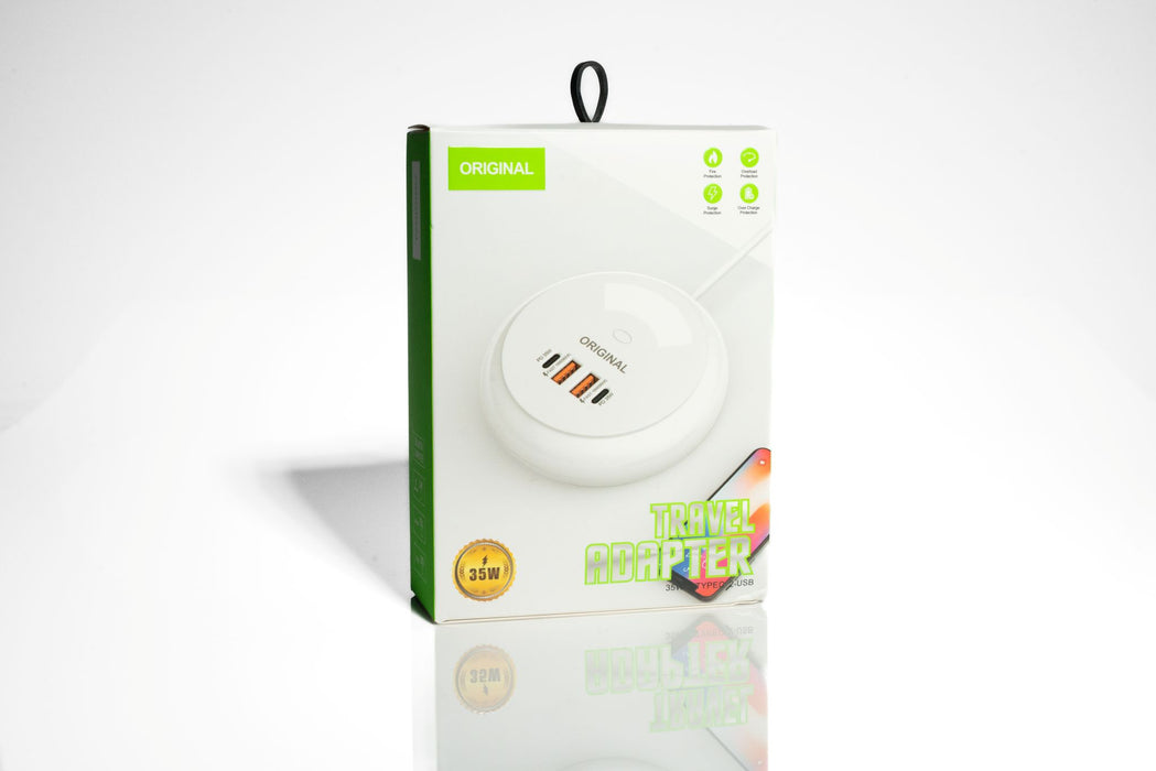 35W Travel Adapter – 2 Type-C + 2 USB Ports | Universal Power Socket Charger