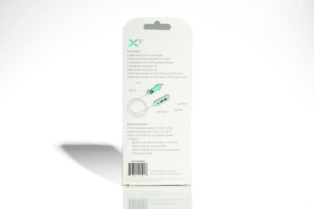 RapidX X5+ 5-Port USB Car Charger with Detachable Hub – QC 3.0, USB-C & USB-A